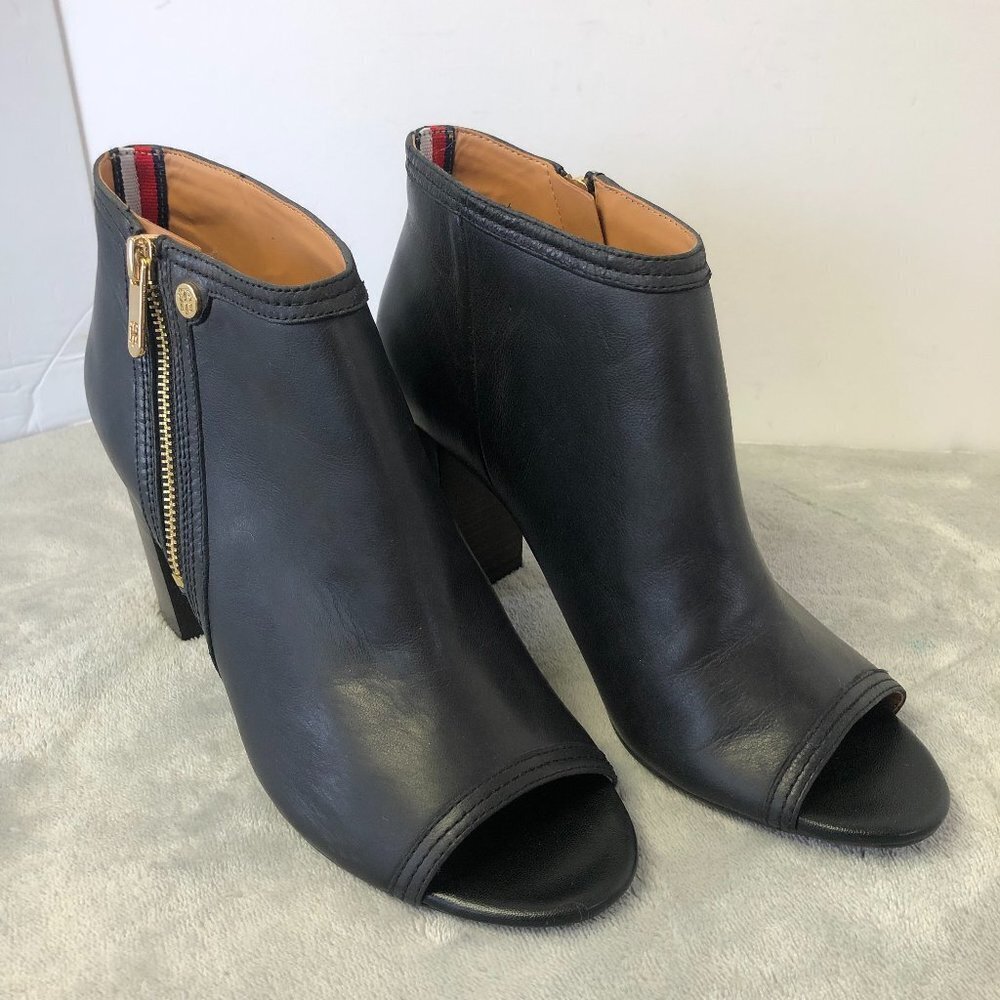 Tommy Hilfiger Black Leather Peep-Toe Ankle Booties with Gold Zipper